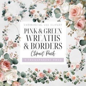 Rosa Blumenkränze und Bordüren Clipart, Aquarell Frühling Hochzeitseinladung Elemente (digitaler Download)