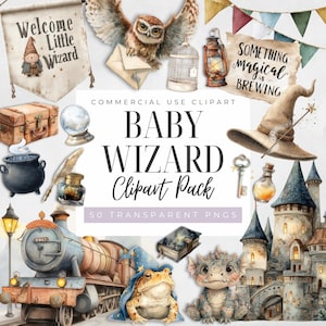 May include: Watercolor clipart pack with a baby wizard theme. Includes a train, owl, cauldron, wizard hat, castle, and the text "Welcome Little Wizard" and "Something Magical is Brewing".