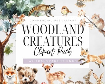 Watercolor Woodland Animals Clipart: Commercial Use PNGs (Digital Download)