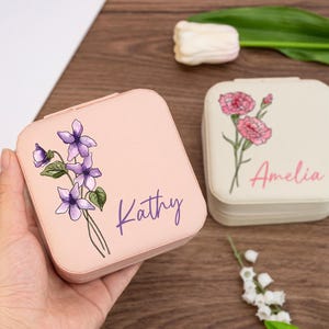Portagioie da viaggio in pelle personalizzato, portagioie con fiori di nascita, regali per feste nuziali, portagioie da viaggio per donne, regalo di compleanno, bomboniere