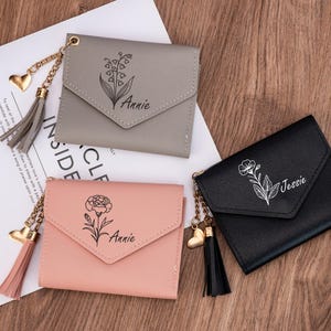Cartera de cuero personalizada para mujer, cartera con flor de nacimiento personalizada con nombre, tarjetero, monedero de cuero, regalo de cumpleaños, propuesta de dama de honor