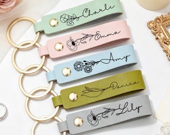 Personalized Birth Flower Keychain,Name Keyring With Birth Flower,Leather Key Fob,Birthday Gift For Bestie,Bridesmaid Gift,Graduation Gifts