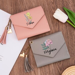 Mini billetera de cuero personalizada, billetera de cuero con flor de nacimiento, billetera de cuero para mujer, tarjetero, monedero, regalo de cumpleaños, regalo de dama de honor de boda