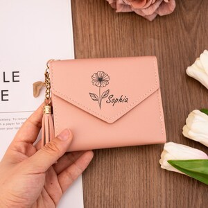 Cartera pequeña para mujer, personalizada con flor de nacimiento y nombre, minimonederos, tarjetero, recuerdo de boda, regalo de dama de honor, regalo de cumpleaños.