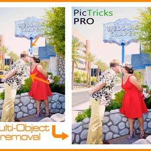 May include: A couple kissing in front of a wedding chapel sign. The sign is blue and white with the words "Wedding Chapel" in gold lettering. The couple is standing in front of a stone wall. The man is wearing a floral shirt and khaki pants. The woman is wearing a red dress. The image is labeled "PicTricks PRO" and "Multi-Object removal".