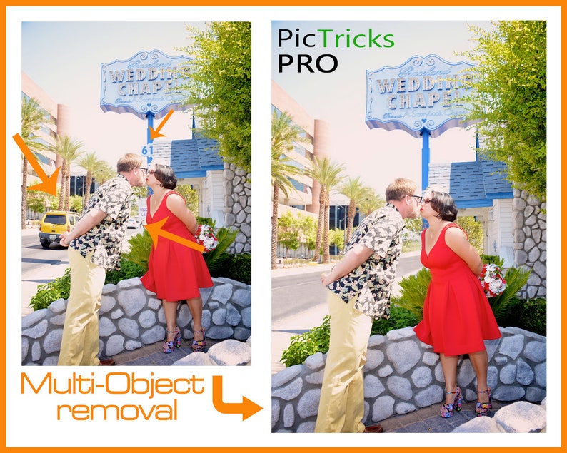 May include: A couple kissing in front of a wedding chapel sign. The sign is blue and white with the words "Wedding Chapel" in gold lettering. The couple is standing in front of a stone wall. The man is wearing a floral shirt and khaki pants. The woman is wearing a red dress. The image is labeled "PicTricks PRO" and "Multi-Object removal".