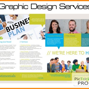 May include: A graphic design services advertisement with the headline "Graphic Design Services." The design includes a business plan illustration, headshots of team members, and the text "We're Here to Help." The layout features sections on growing a brand and services offered.
