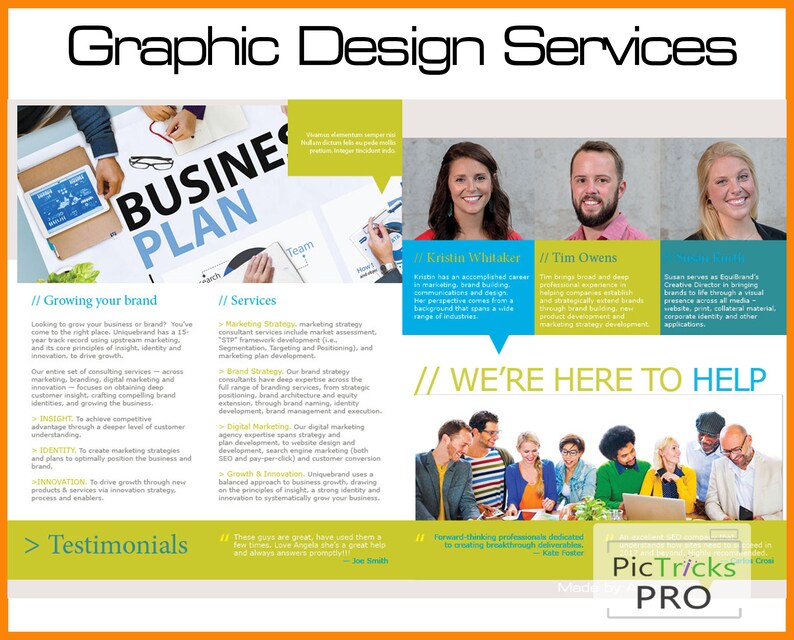 May include: A graphic design services advertisement with the headline "Graphic Design Services." The design includes a business plan illustration, headshots of team members, and the text "We're Here to Help." The layout features sections on growing a brand and services offered.