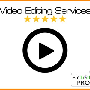 May include: White background with an orange border featuring the text "Video Editing Services" above a black play button icon. Five gold stars are above the play button. The PicTricks PRO logo is in the bottom right corner.