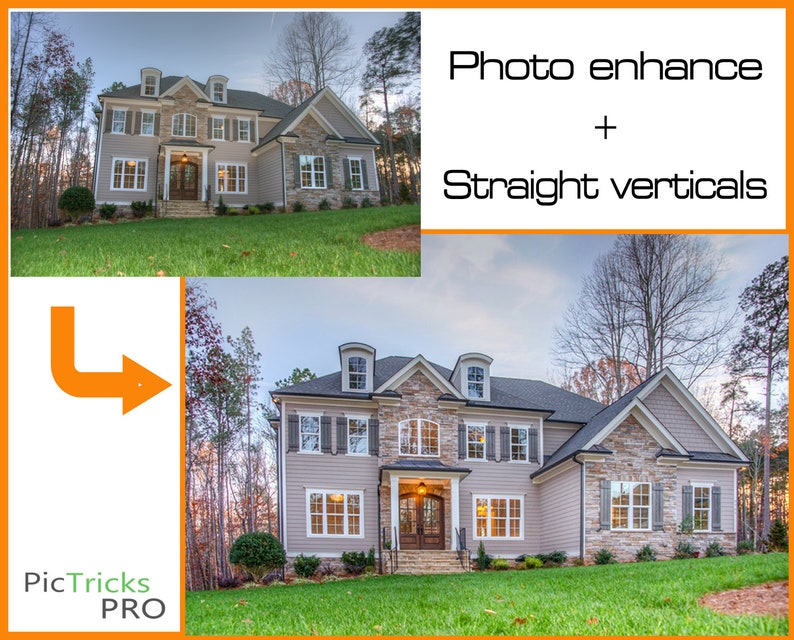 May include: A before-and-after image of a large house with a stone and siding exterior. The top image is slightly blurred, while the bottom image is enhanced with straight verticals. The text "Photo enhance + Straight verticals" is displayed.