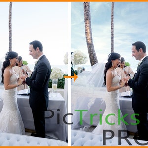 May include: A bride and groom exchange rings during an outdoor wedding ceremony. The bride is wearing a white lace wedding dress and the groom is wearing a black suit. The ceremony is taking place under a canopy of palm trees.