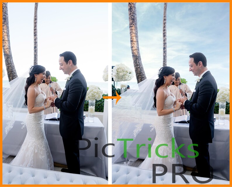 May include: A bride and groom exchange rings during an outdoor wedding ceremony. The bride is wearing a white lace wedding dress and the groom is wearing a black suit. The ceremony is taking place under a canopy of palm trees.