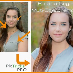 May include: Before and after photo editing. The original image shows a woman with a few blemishes on her face and a visible crease on her arm. The edited image shows the same woman with a flawless complexion and no visible creases. The text "Photo editing + Multi-Object removal" is displayed above the images. The text "PicTricks PRO" is displayed below the images.