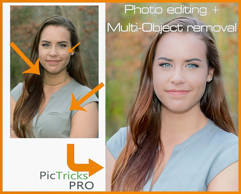 May include: Before and after photo editing. The original image shows a woman with a few blemishes on her face and a visible crease on her arm. The edited image shows the same woman with a flawless complexion and no visible creases. The text "Photo editing + Multi-Object removal" is displayed above the images. The text "PicTricks PRO" is displayed below the images.