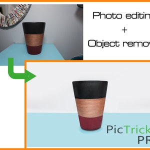 May include: A black, brown, and red striped ceramic vase on a light blue surface. The vase is isolated on a white background. PicTricks PRO is written in green and white text below the vase.