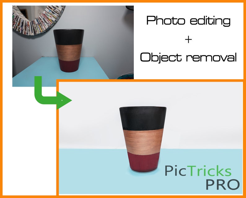 May include: A black, brown, and red striped ceramic vase on a light blue surface. The vase is isolated on a white background. PicTricks PRO is written in green and white text below the vase.