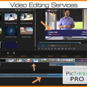 May include: A screenshot of video editing software with the text "Video Editing Services." The interface displays video clips, a timeline, and the text "PicTricks PRO." A man is visible on screen with the text "TOMMY KIRK COO Alotech, Inc."