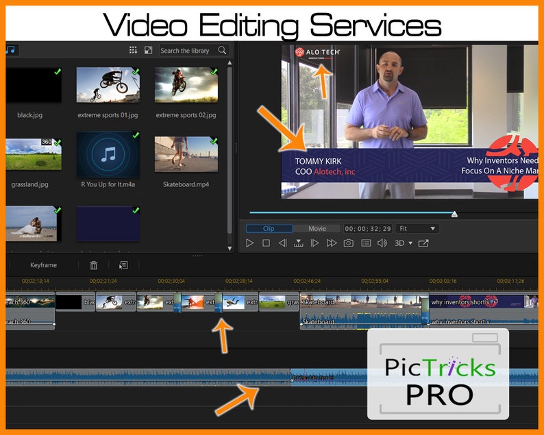 May include: A screenshot of video editing software with the text "Video Editing Services." The interface displays video clips, a timeline, and the text "PicTricks PRO." A man is visible on screen with the text "TOMMY KIRK COO Alotech, Inc."