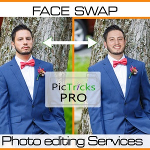May include: A before and after image showing a face swap photo editing service. The image shows two men in blue suits and bow ties. The faces of the men have been swapped.