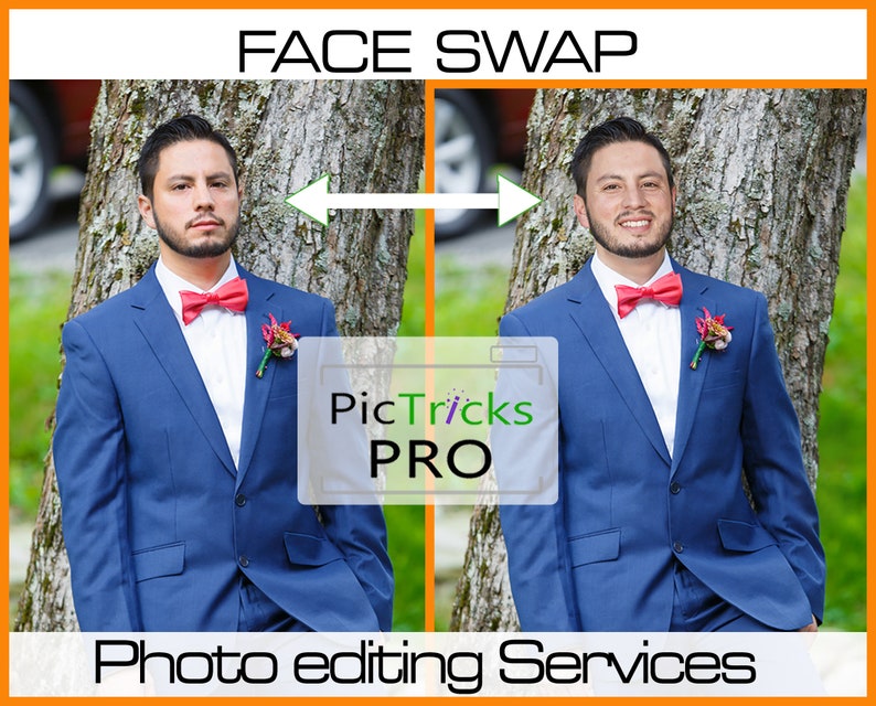 May include: A before and after image showing a face swap photo editing service. The image shows two men in blue suits and bow ties. The faces of the men have been swapped.