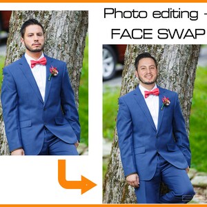 May include: Photo editing and face swap. Two photos of a person in a blue suit with a red bow tie, standing next to a tree. The person's face has been swapped in the second photo.