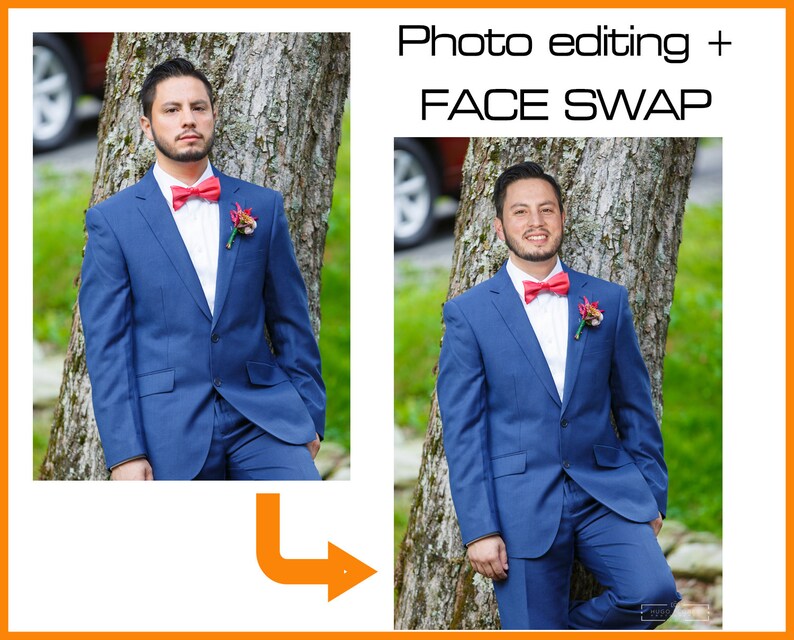 May include: Photo editing and face swap. Two photos of a person in a blue suit with a red bow tie, standing next to a tree. The person's face has been swapped in the second photo.