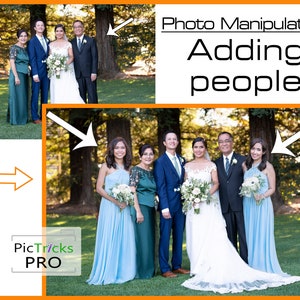 May include: A wedding party poses for a photo in front of a group of trees. The bride is wearing a white dress and the groom is wearing a blue suit. The bridesmaids are wearing blue dresses and the groomsmen are wearing blue suits. The text "Photo Manipulation Adding people" is at the top of the image.
