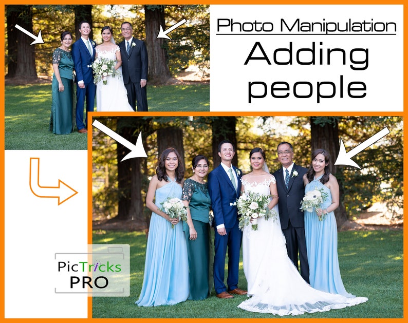 May include: A wedding party poses for a photo in front of a group of trees. The bride is wearing a white dress and the groom is wearing a blue suit. The bridesmaids are wearing blue dresses and the groomsmen are wearing blue suits. The text "Photo Manipulation Adding people" is at the top of the image.