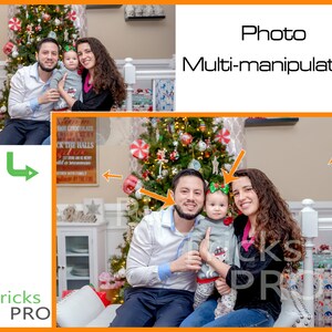 May include: A family of three poses for a Christmas photo in front of a decorated Christmas tree. The parents are wearing casual clothing and the child is wearing a festive outfit. The family is standing in front of a white wall with a sign that says "Let it snow!"