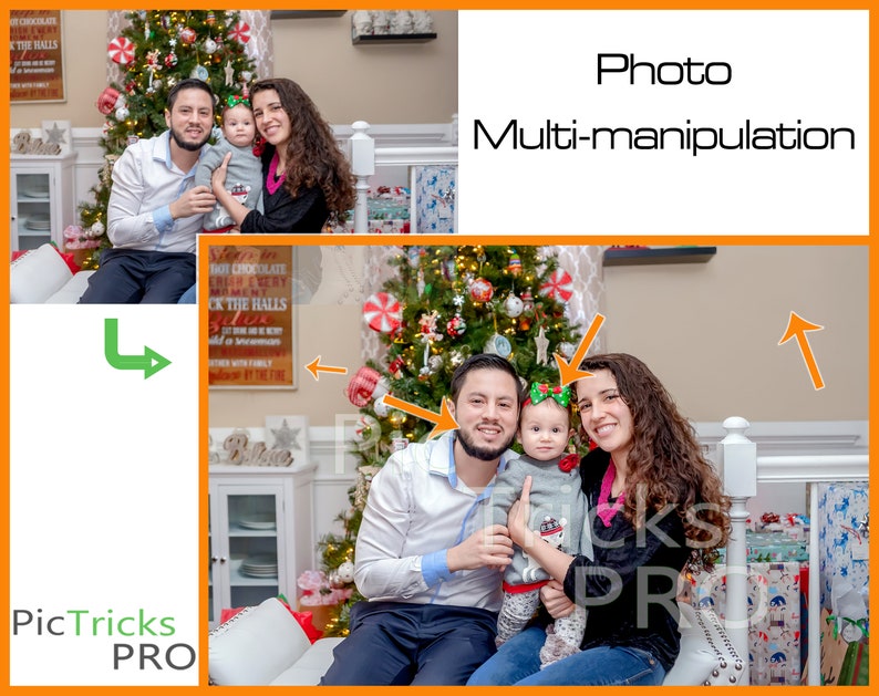 May include: A family of three poses for a Christmas photo in front of a decorated Christmas tree. The parents are wearing casual clothing and the child is wearing a festive outfit. The family is standing in front of a white wall with a sign that says "Let it snow!"