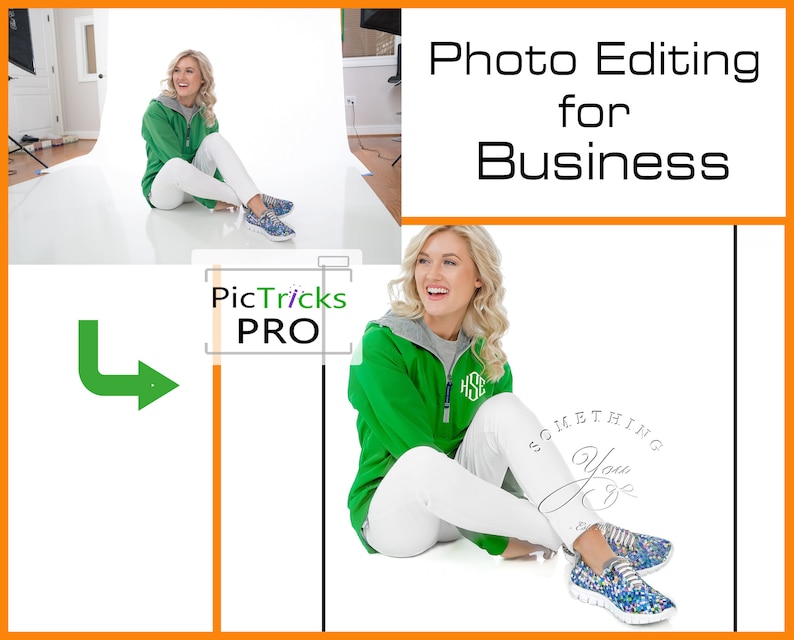 May include: A woman wearing a green and grey hooded sweatshirt, white pants, and sparkly sneakers sits on a white background. The text "PicTricks PRO" is in a box in the lower left corner of the image. The text "Photo Editing for Business" is in the upper right corner of the image.