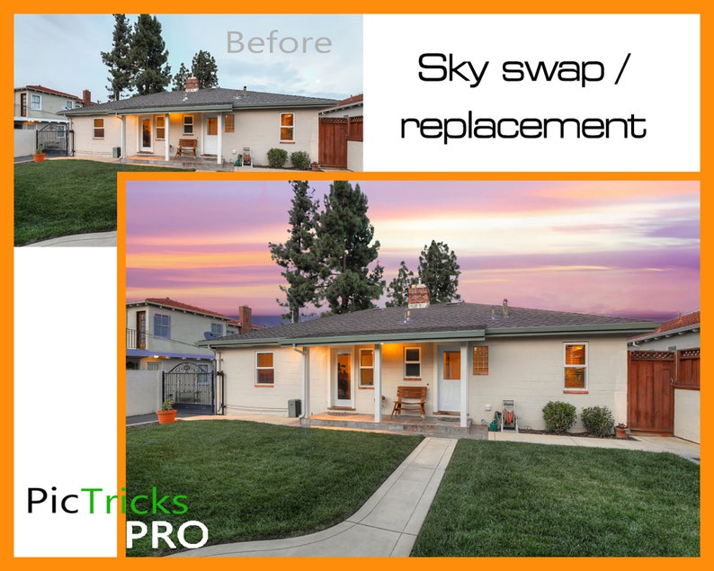 May include: Side-by-side comparison of a house before and after a sky replacement. The "before" image shows a house with a cloudy sky, while the "after" image features a vibrant sunset. The text "Sky swap / replacement" is displayed.