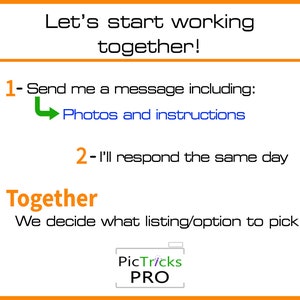 May include: A graphic with an orange border and white text that reads "Let's start working together!"  The graphic includes a green arrow pointing to the left and the text "Photos and instructions".  The graphic also includes the text "1- Send me a message including:" and "2- I'll respond the same day".  The graphic also includes the text "Together" and "We decide what listing/option to pick!"  The graphic also includes the text "PicTricks PRO".