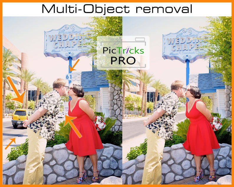 May include: A couple in a red dress and a floral shirt are kissing in front of a stone wall. The sign above them reads "Wedding Chapel".