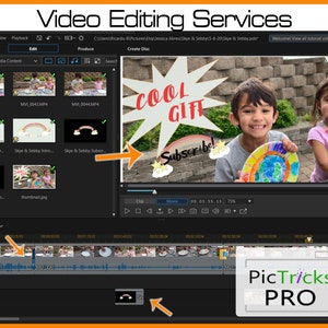 May include: Screenshot of video editing software with the text "Video Editing Services" at the top. The software interface displays a timeline, video clips, and a preview window featuring two children holding a colorful plate. Text on the screen says "COOL GIFT" and "Subscribe!"