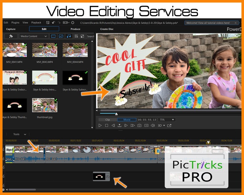 May include: Screenshot of video editing software with the text "Video Editing Services" at the top. The software interface displays a timeline, video clips, and a preview window featuring two children holding a colorful plate. Text on the screen says "COOL GIFT" and "Subscribe!"