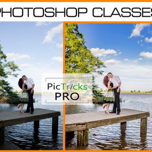 May include: A couple is standing on a wooden dock over a lake. The man is wearing a white shirt and black pants. The woman is wearing a green and white dress. The sky is blue with white clouds. The text "PicTricks PRO" is visible in the image.