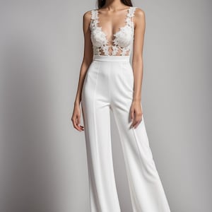 White Lace Jumpsuit for Bride with Deep V Neck Lacy Jumpsuit Luxurious Bodice Wedding Dress, Bridal Jumpsuit, High Fashion Couture Dress
