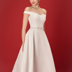 Elegant White Off Shoulder Midi Wedding Dress | Bridal Reception Dress | Formal Occasion Dress | Luxury handmade Dress