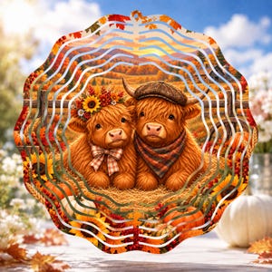 May include: A scalloped circular metal wind spinner featuring a printed autumn scene of two fluffy Highland cattle sitting in hay. One cow wears a floral crown and plaid bow, the other a plaid bandana and flat cap, set against a rural landscape.