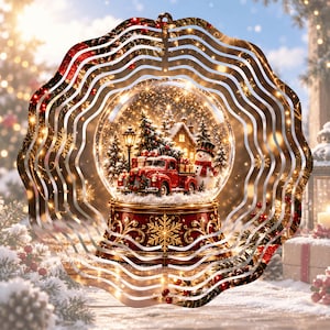 May include: A circular metal wind spinner featuring a central snow globe graphic. The globe displays a red truck carrying gifts, a snowman, and a house in a snowy landscape. The spinner has a wavy, scalloped edge with a metallic finish.