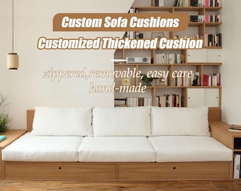 May include: A wooden sofa with three white cushions. The sofa has a wooden frame and drawers. Text on the image reads "Custom Sofa Cushions" and "Customized Thickened Cushion". The cushions are described as "zippered, removable, easy care, hand-made."