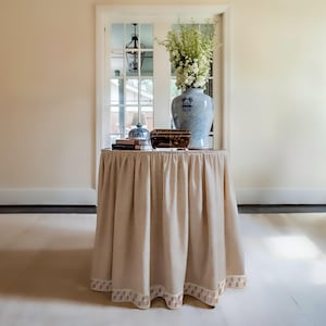 Custom Round Table Skirt,Pleated Cotton Linen Table Skirt With Decorative Trim,Fitted Custom Tablecloth,Table Cover