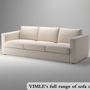 May include: A three-seat sofa in a neutral cream color. The sofa has a boxy shape with a low profile, featuring three seat cushions and three back cushions. The arms are wide and square. The text at the bottom reads "VIMLE's full range of sofa covers."