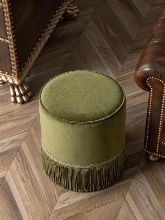 Vintage Velvet Round Ottoman Slipcover with Tassel Fringe, Custom Size Cylindrical Footstool Protector Cover, Mid-century French Style