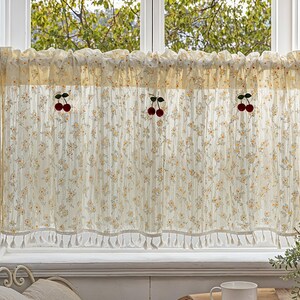 Beige Floral Cafe Curtains, Cotton Short Curtains, French Cafe Style Curtains, Pleated Bathroom Curtains, Window Treatments.