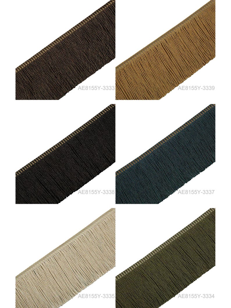 K&ouml;nnte beinhalten: Eine Sammlung von sechs Fransenb&auml;ndern in verschiedenen Farben, darunter Dunkelbraun, Hellbraun, Schwarz, Dunkelblau, Beige und Olivgr&uuml;n. Jeder Streifen hat ein gewebtes Kopfband und lange, gerade h&auml;ngende F&auml;den mit den Modellcodes AE8155Y-3333, 3339, 3338, 3337, 3335 und 3334.