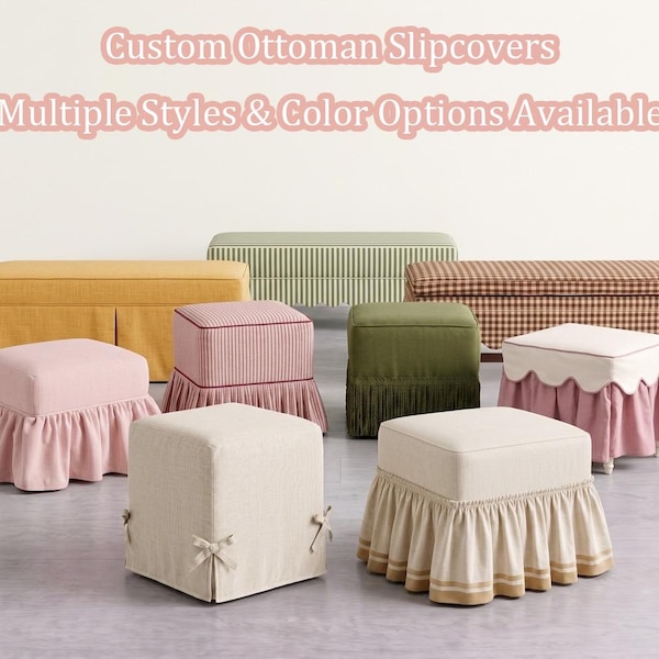 Custom Velvet Ottoman Slipcover, Square & Rectangular Storage Bench Cover, Ruffled Skirt Footstool Slip Cover with Bow Fringe Scalloped Hem
