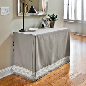 Rectangular Pleated Grey Tableskirt With Decorative Trim,Custom Cotton Linen Table Skirt,Pleated Table Cover,Living Room Decor,Gift.