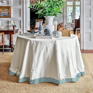 Custom Polygon White Table Skirt,Pleated Ruffled Cotton Linen Table Skirt With Decorative Trim,White Tablecloth,Living Room Decor
